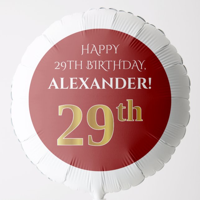 Elegant, Red, Faux Gold Look 29th Birthday Balloon (Front)