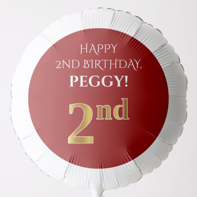Elegant, Red, Faux Gold Look 2nd Birthday Balloon (Front)