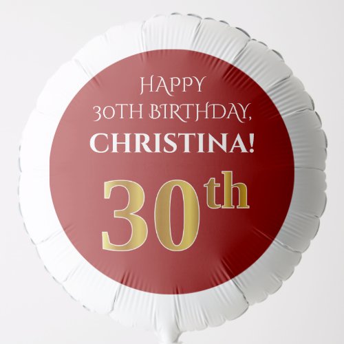 Elegant Red Faux Gold Look 30th Birthday Balloon