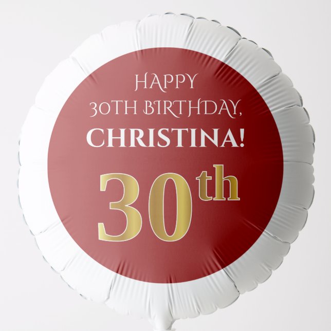 Elegant, Red, Faux Gold Look 30th Birthday Balloon (Front)