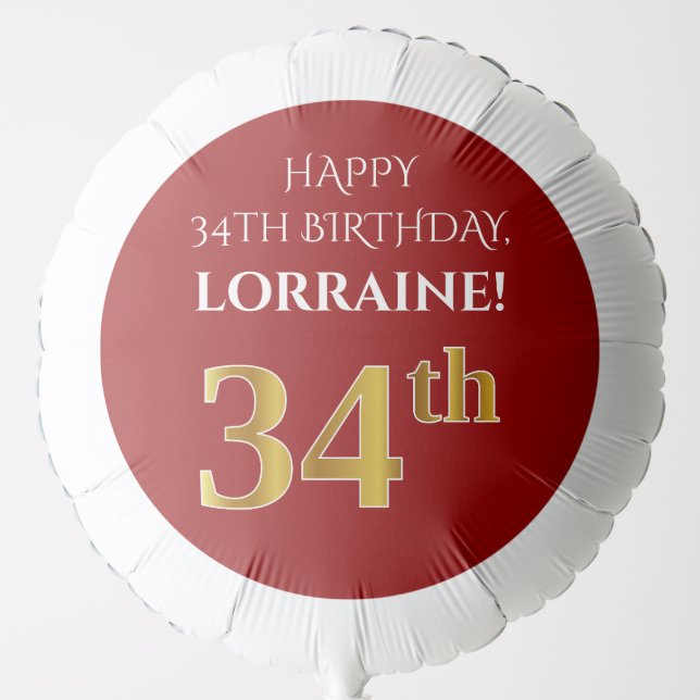 Elegant, Red, Faux Gold Look 34th Birthday Balloon (Front)