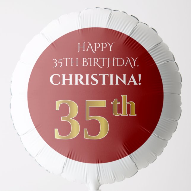 Elegant, Red, Faux Gold Look 35th Birthday Balloon (Front)