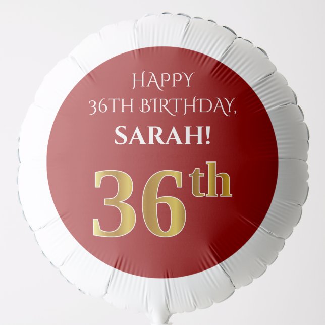 Elegant, Red, Faux Gold Look 36th Birthday Balloon (Front)