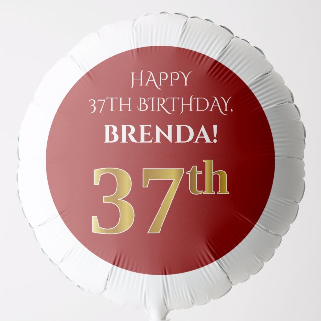 Elegant, Red, Faux Gold Look 37th Birthday Balloon (Front)
