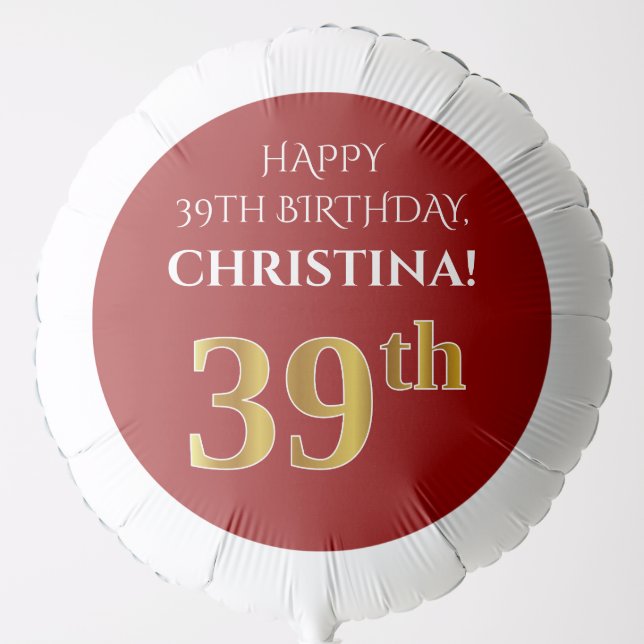 Elegant, Red, Faux Gold Look 39th Birthday Balloon (Front)