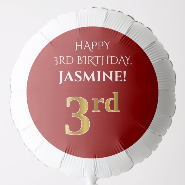 Elegant, Red, Faux Gold Look 3rd Birthday Balloon (Front)