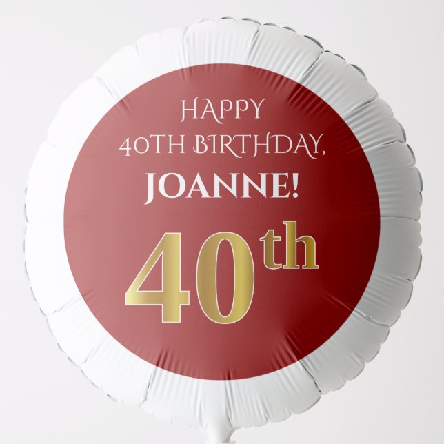 Elegant, Red, Faux Gold Look 40th Birthday Balloon (Front)