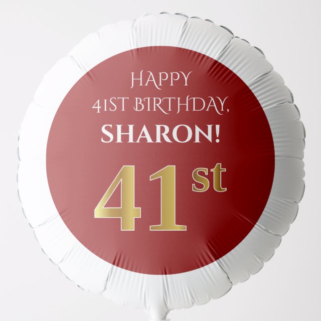 Elegant, Red, Faux Gold Look 41st Birthday Balloon (Front)