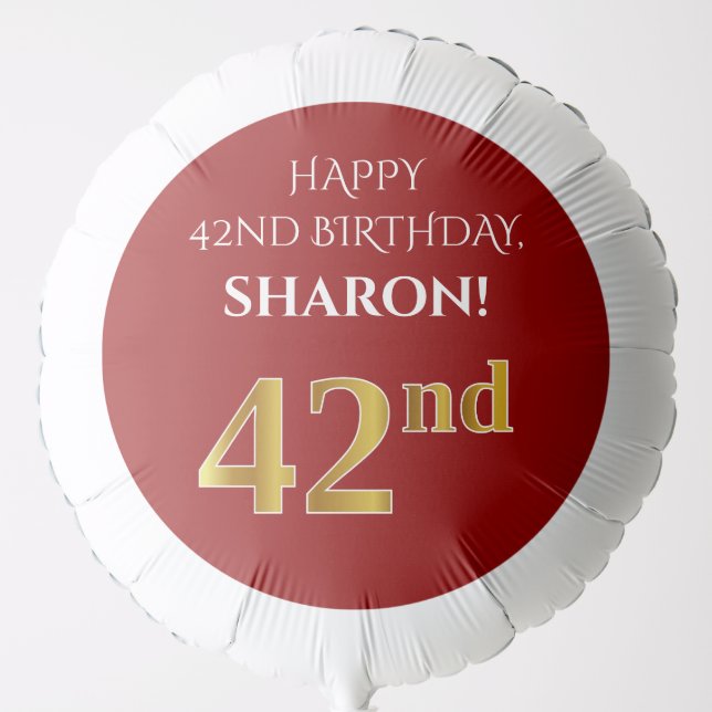 Elegant, Red, Faux Gold Look 42nd Birthday Balloon (Front)