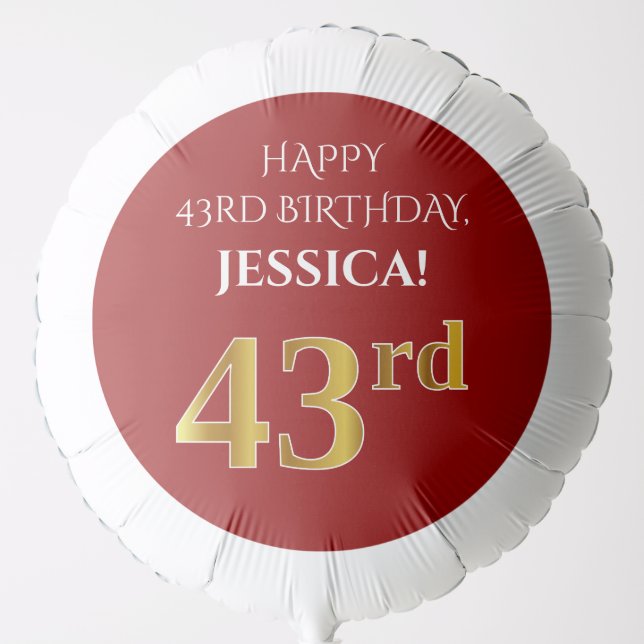 Elegant, Red, Faux Gold Look 43rd Birthday Balloon (Front)