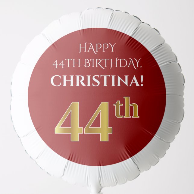 Elegant, Red, Faux Gold Look 44th Birthday Balloon (Front)