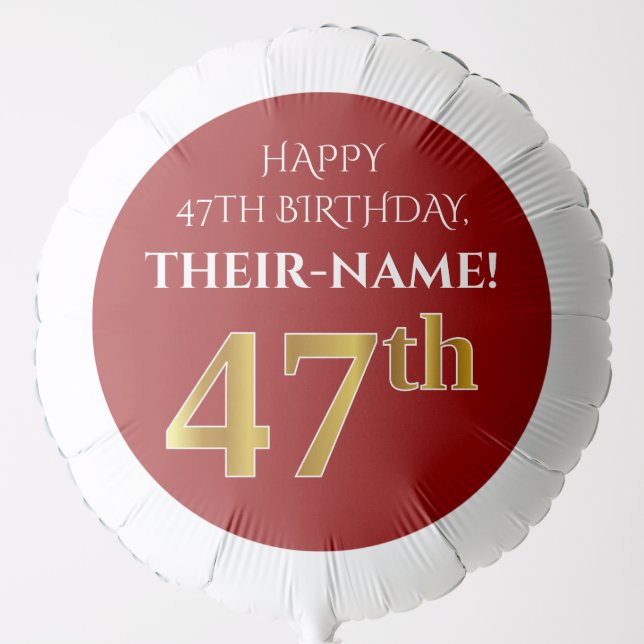 Elegant, Red, Faux Gold Look 47th Birthday Balloon (Front)
