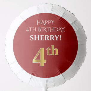 Elegant, Red, Faux Gold Look 4th Birthday Balloon