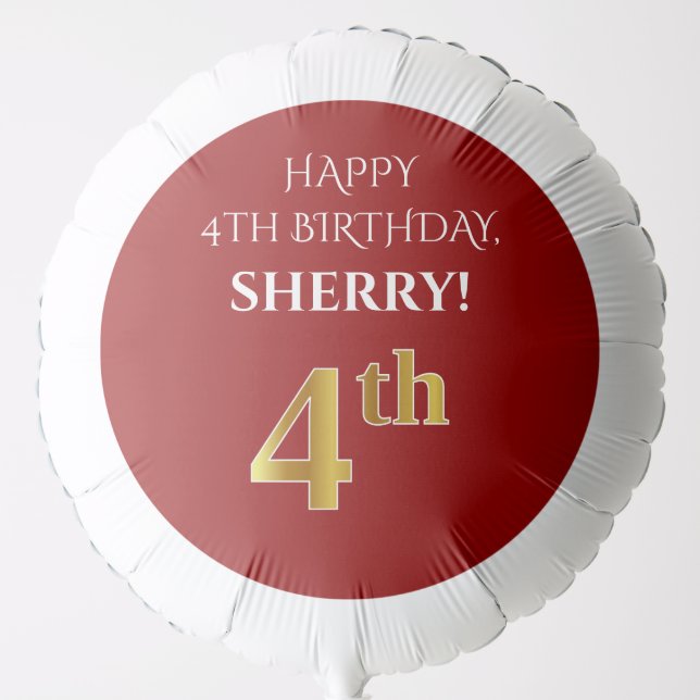 Elegant, Red, Faux Gold Look 4th Birthday Balloon (Front)