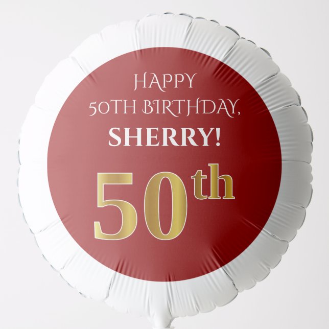 Elegant, Red, Faux Gold Look 50th Birthday Balloon (Front)