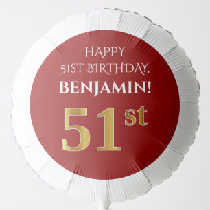 Elegant, Red, Faux Gold Look 51st Birthday Balloon