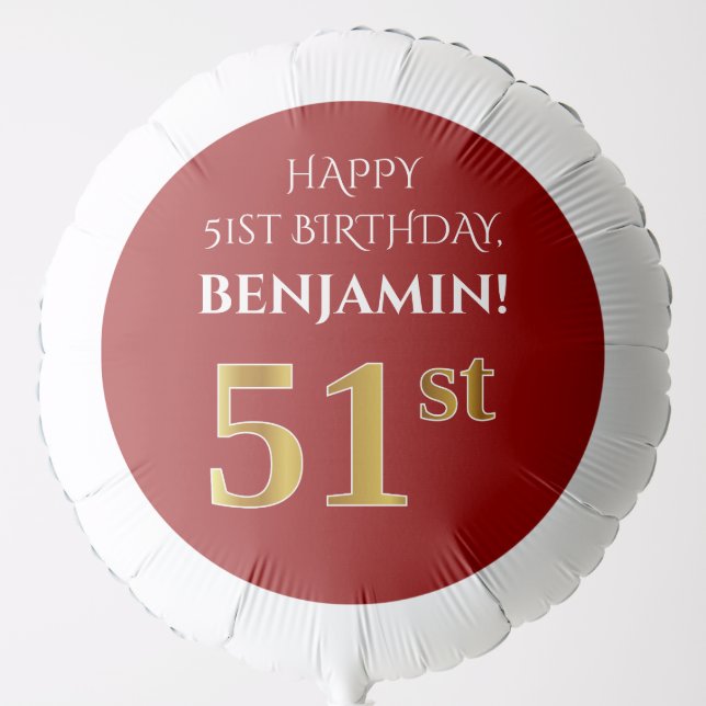 Elegant, Red, Faux Gold Look 51st Birthday Balloon (Front)