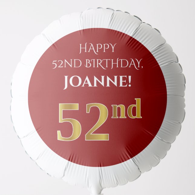 Elegant, Red, Faux Gold Look 52nd Birthday Balloon (Front)