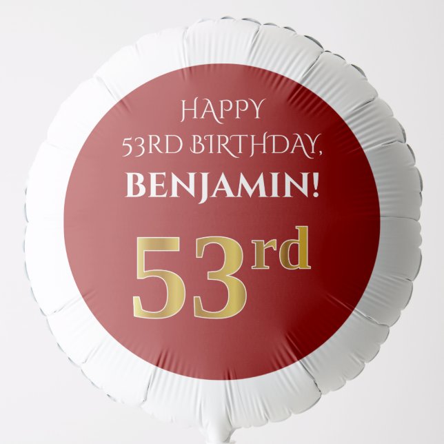 Elegant, Red, Faux Gold Look 53rd Birthday Balloon (Front)