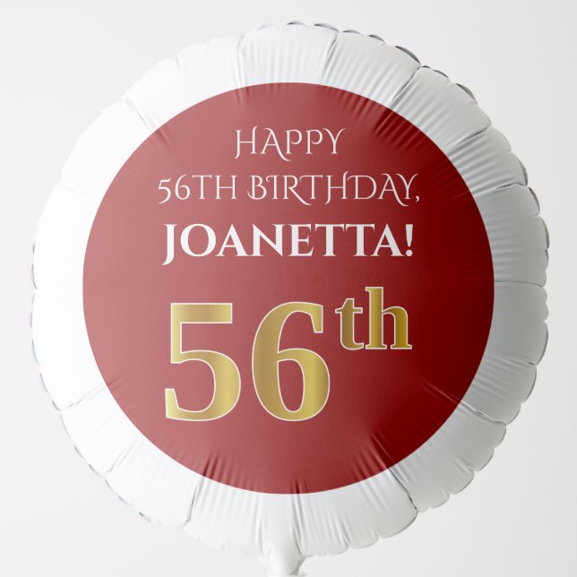 Elegant, Red, Faux Gold Look 56th Birthday Balloon (Front)