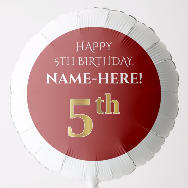 Elegant, Red, Faux Gold Look 5th Birthday Balloon (Front)