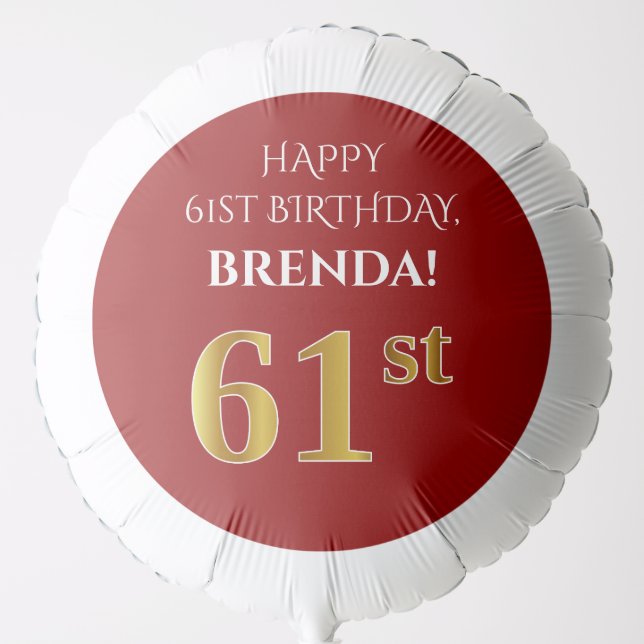 Elegant, Red, Faux Gold Look 61st Birthday Balloon (Front)