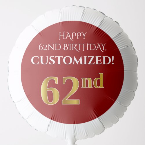 Elegant Red Faux Gold Look 62nd Birthday Balloon