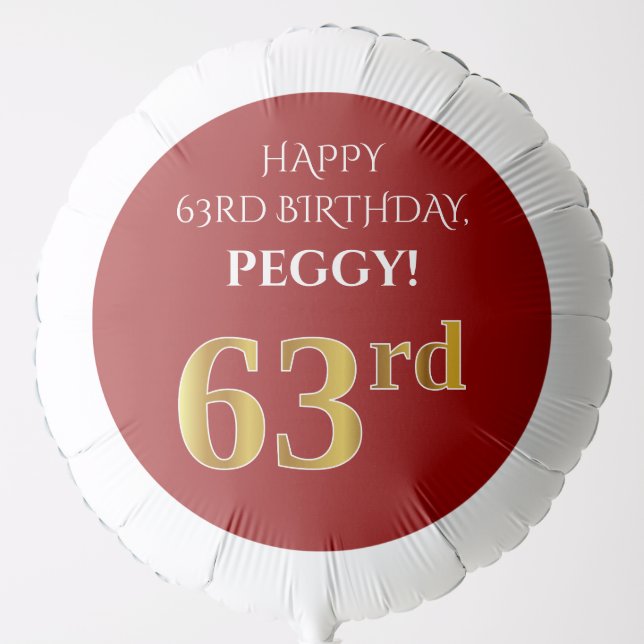 Elegant, Red, Faux Gold Look 63rd Birthday Balloon (Front)