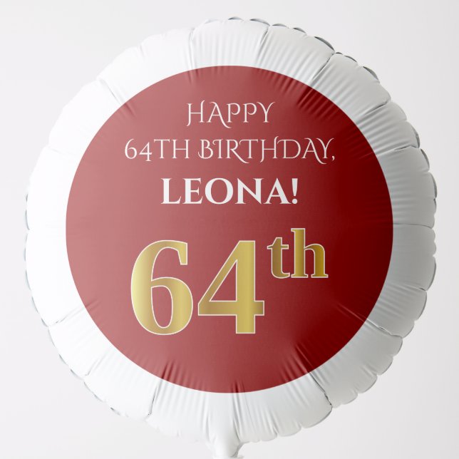 Elegant, Red, Faux Gold Look 64th Birthday Balloon (Front)
