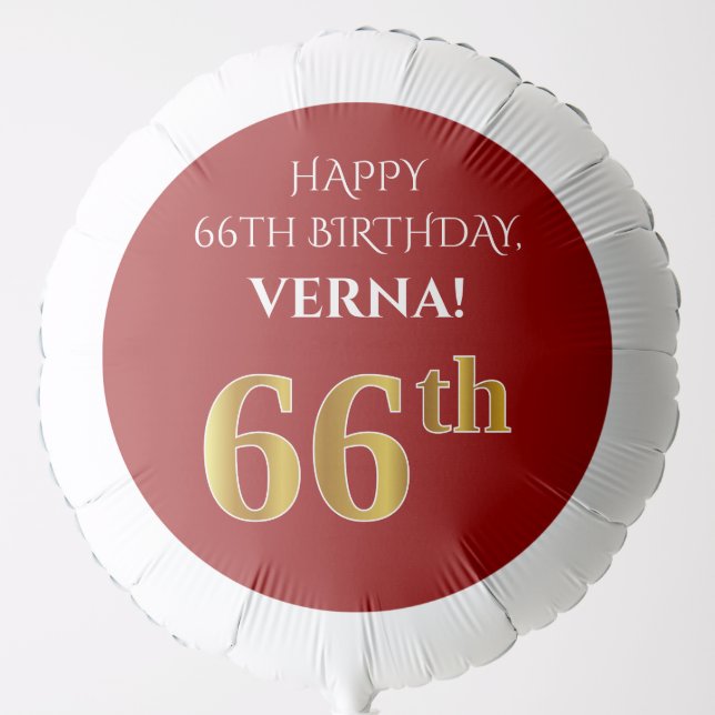 Elegant, Red, Faux Gold Look 66th Birthday Balloon (Front)