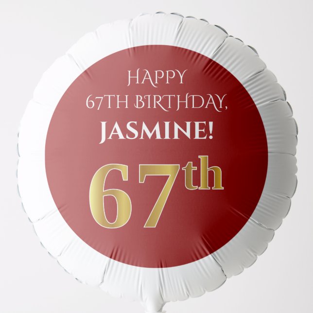Elegant, Red, Faux Gold Look 67th Birthday Balloon (Front)