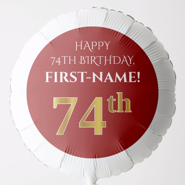 Elegant, Red, Faux Gold Look 74th Birthday Balloon (Front)