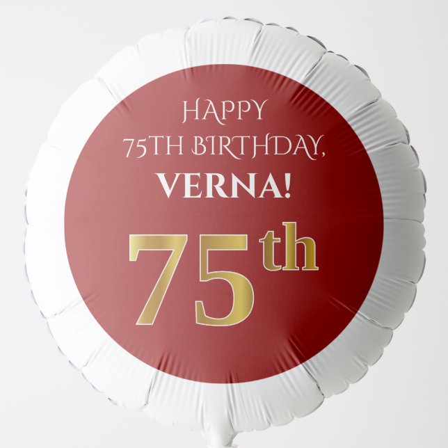 Elegant, Red, Faux Gold Look 75th Birthday Balloon (Front)