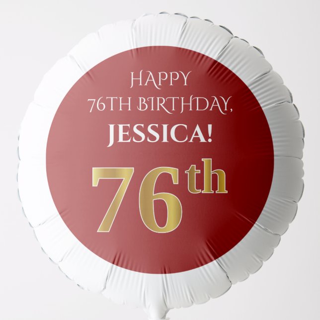 Elegant, Red, Faux Gold Look 76th Birthday Balloon (Front)