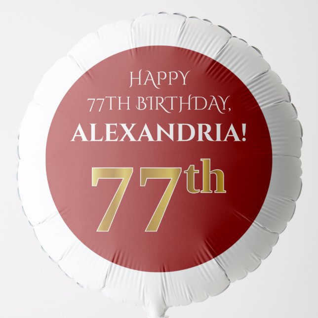 Elegant, Red, Faux Gold Look 77th Birthday Balloon (Front)
