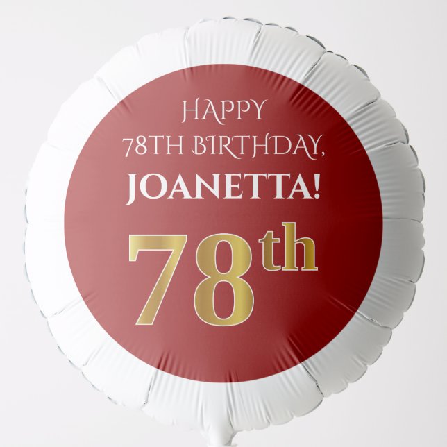 Elegant, Red, Faux Gold Look 78th Birthday Balloon (Front)