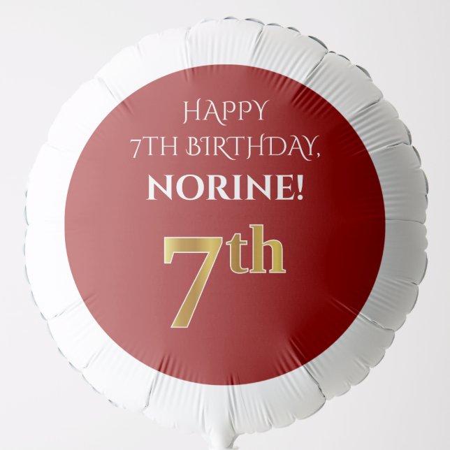 Elegant, Red, Faux Gold Look 7th Birthday Balloon (Front)