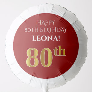 Elegant, Red, Faux Gold Look 80th Birthday Balloon