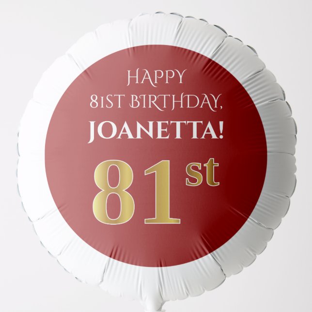 Elegant, Red, Faux Gold Look 81st Birthday Balloon (Front)