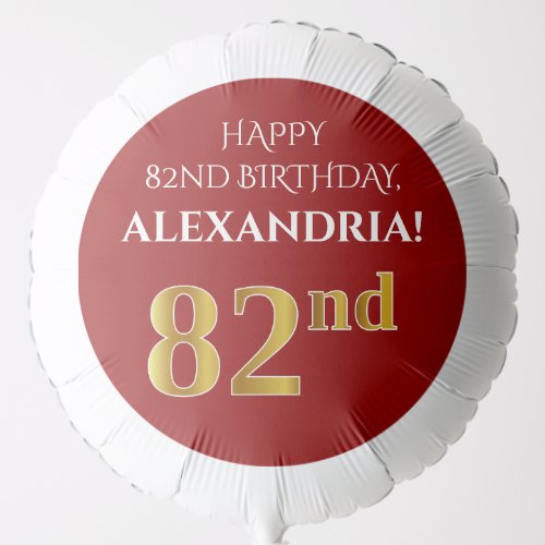 Elegant Red Faux Gold Look 82nd Birthday Balloon
