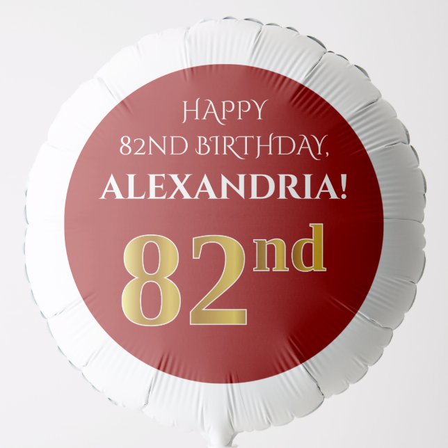 Elegant, Red, Faux Gold Look 82nd Birthday Balloon (Front)