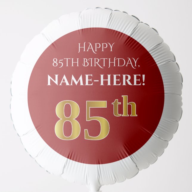 Elegant, Red, Faux Gold Look 85th Birthday Balloon (Front)