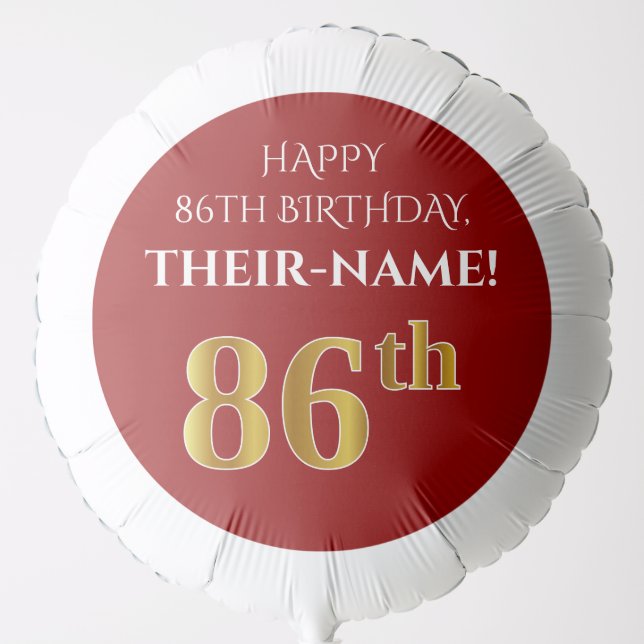 Elegant, Red, Faux Gold Look 86th Birthday Balloon (Front)