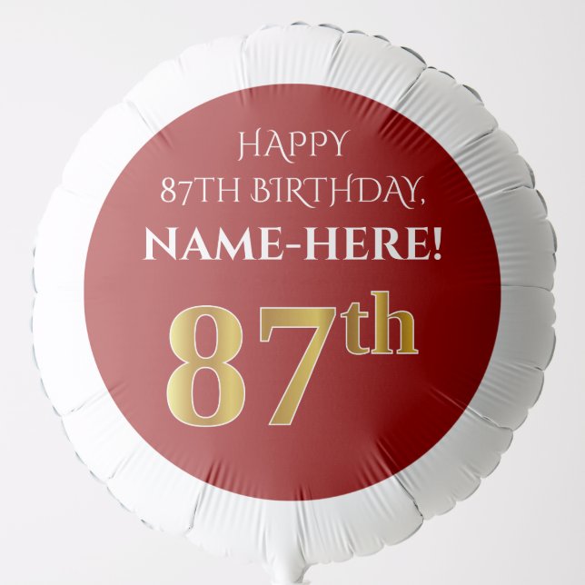 Elegant, Red, Faux Gold Look 87th Birthday Balloon (Front)