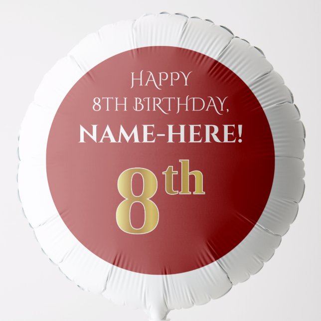 Elegant, Red, Faux Gold Look 8th Birthday Balloon (Front)
