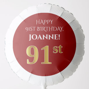 Elegant, Red, Faux Gold Look 91st Birthday Balloon