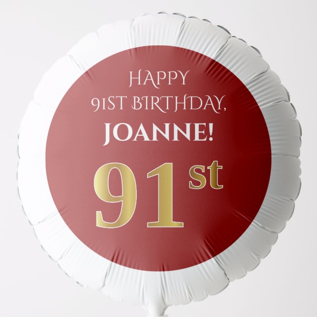 Elegant, Red, Faux Gold Look 91st Birthday Balloon (Front)