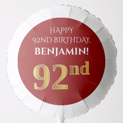 Elegant Red Faux Gold Look 92nd Birthday Balloon