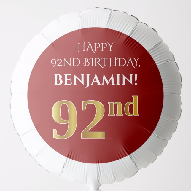 Elegant, Red, Faux Gold Look 92nd Birthday Balloon (Front)