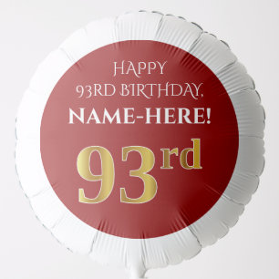 Elegant, Red, Faux Gold Look 93rd Birthday Balloon